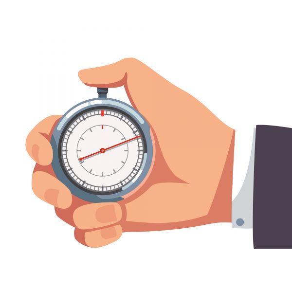Businessman hand holding thumb finger on chrome stopwatch with seconds arrow. Flat style vector illustration clipart.